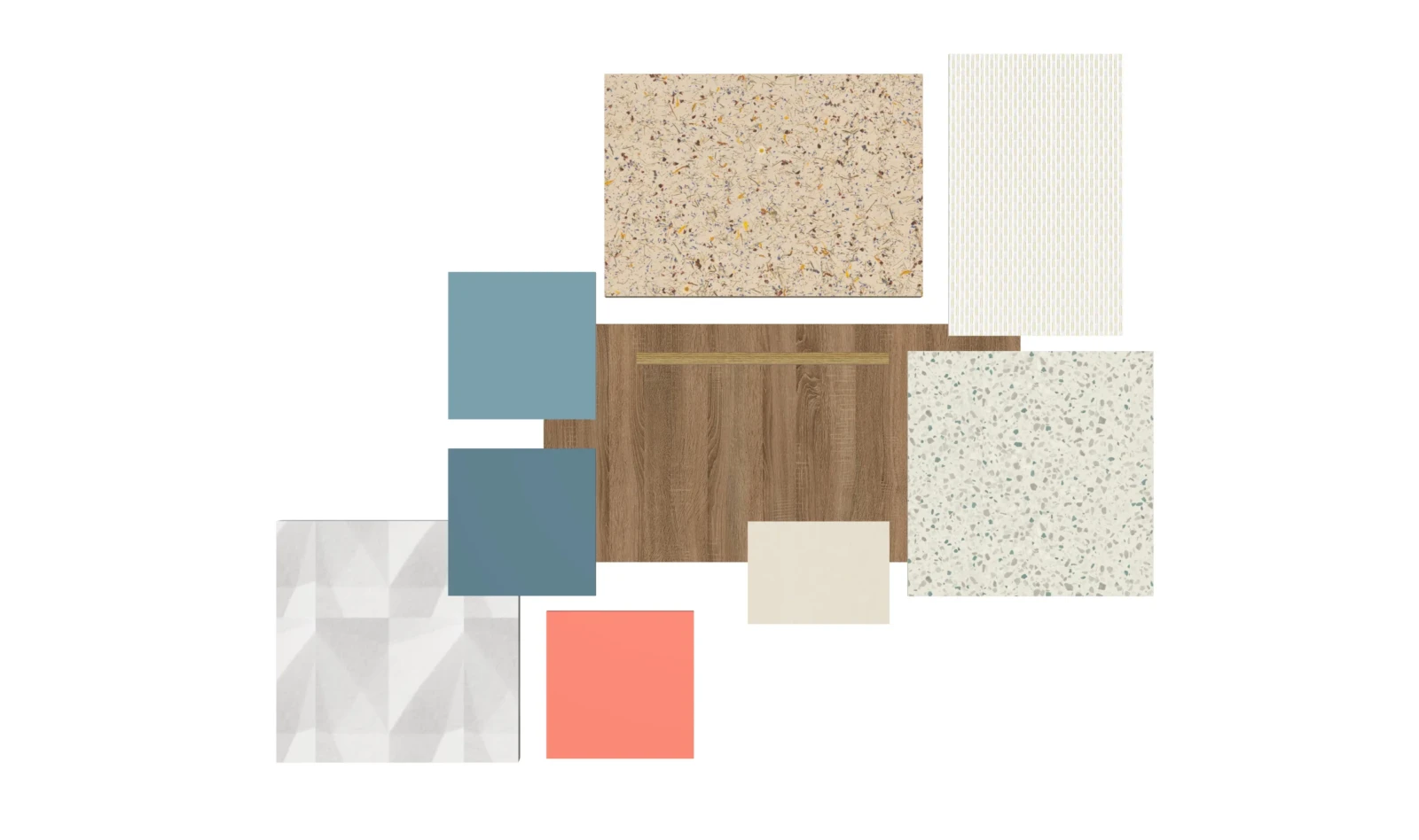Moodboard de materiales: maderas, terrazo, azules y coral