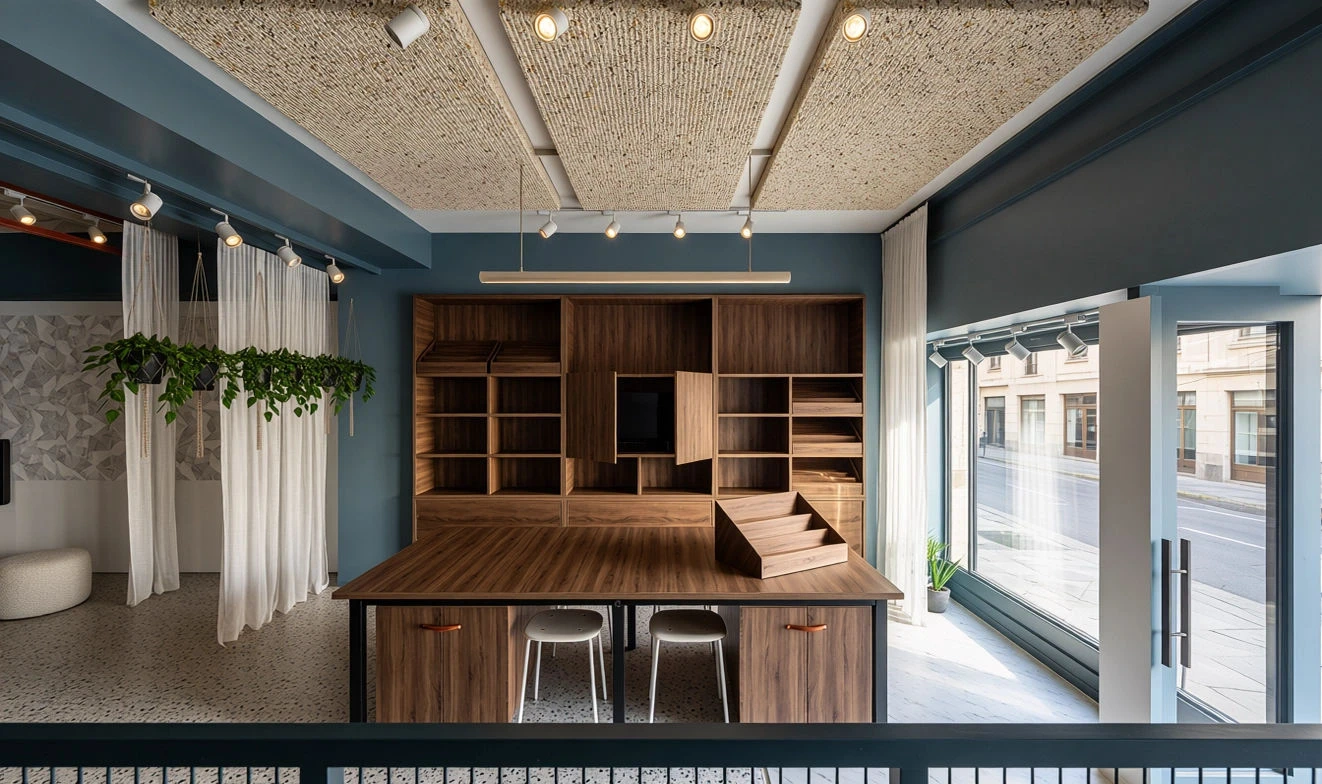Render del local: mueble de madera, techo acústico y luz natural